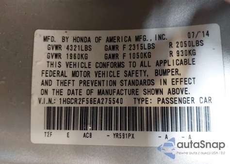 2014 Honda Accord Sport from USA, damaged, VIN 1HGCR2F56EA275540